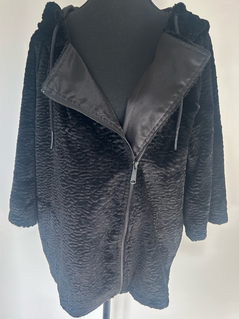 Diesel Black Sleek Velvety Hooded Asymmetrical Zip Jacket Cropped Sleeves